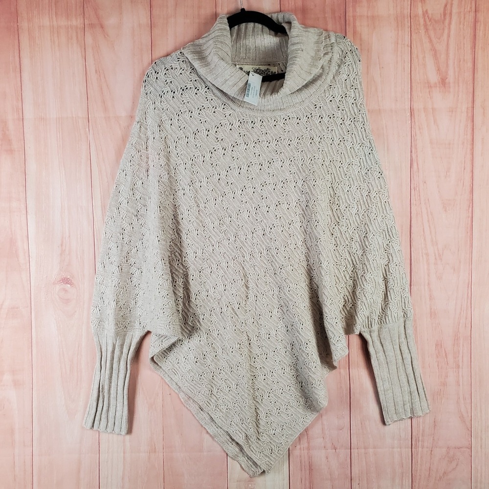 Aventura Sundance Reimagine Cozy Poncho Sweater Womens One Size Beige Turtleneck